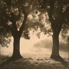 Fototapeta premium Serene Misty Morning: Two Majestic Trees in a Foggy Field