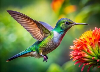 Obraz premium Panoramic Hummingbird Feeding on Vibrant Flower, Nature Photography