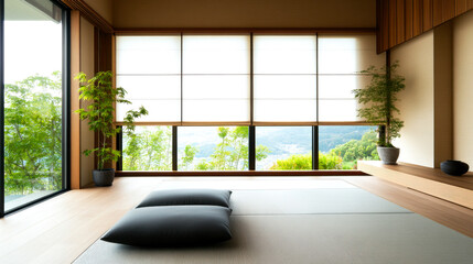 A serene, minimalist room featuring natural light, greenery outside, and simple furnishings, creating a peaceful ambiance.
