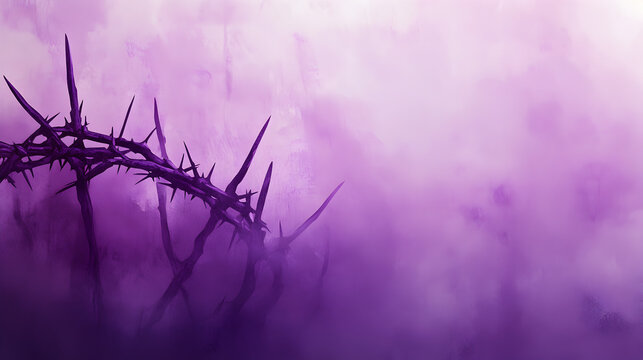 un fondo morado con efecto acuarela con espacio de copia efecto humo con una corona de espinas de Dios para celebrar la semana santa oracion y perdon