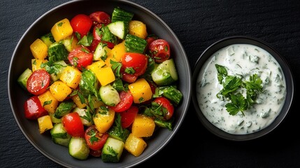 A vibrant salad with tomatoes, cucumbers, and mango, accompanied by a herb yogurt dip.