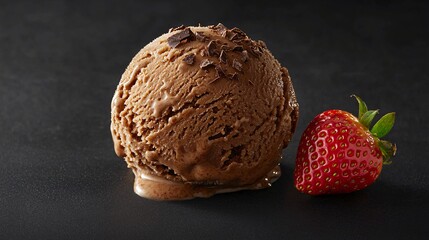Chocolate ice cream scoop, strawberry, dark background. Food photography for menu, website