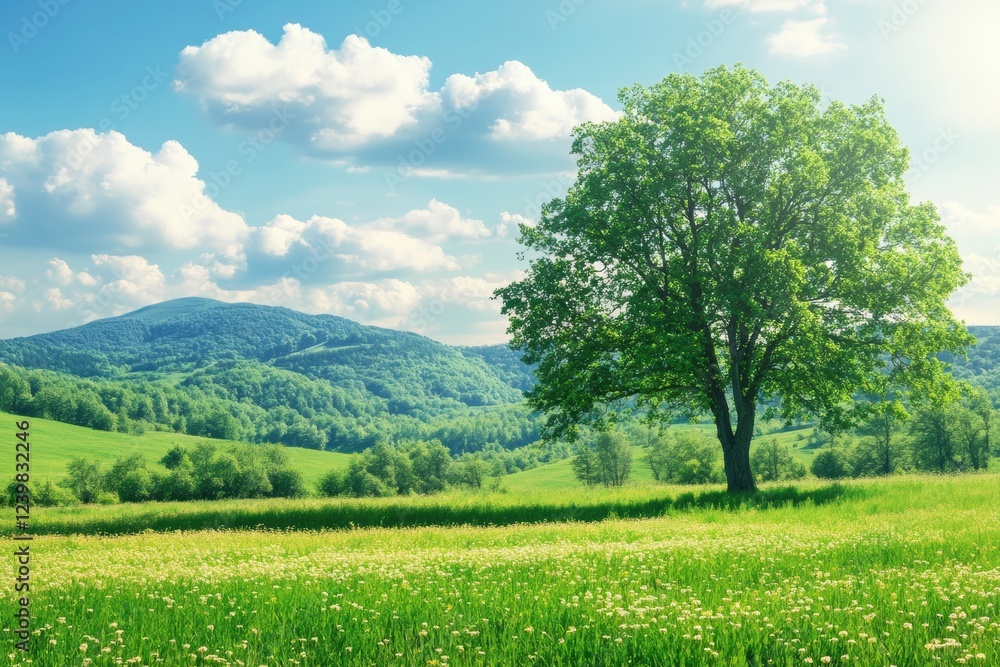 Poster natural landscape with a large tree and rolling hills under a bright sky in a tranquil setting. gene