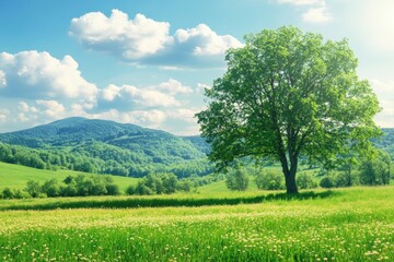Obraz premium Natural landscape with a large tree and rolling hills under a bright sky in a tranquil setting. Generative AI