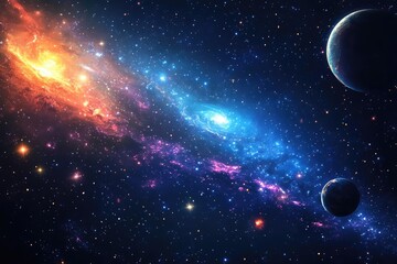 deep space background with glowing galaxies and distant planets