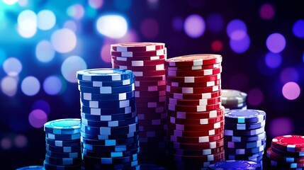 Vibrant Casino Chips Stacked High, Illuminating the Night with Excitement