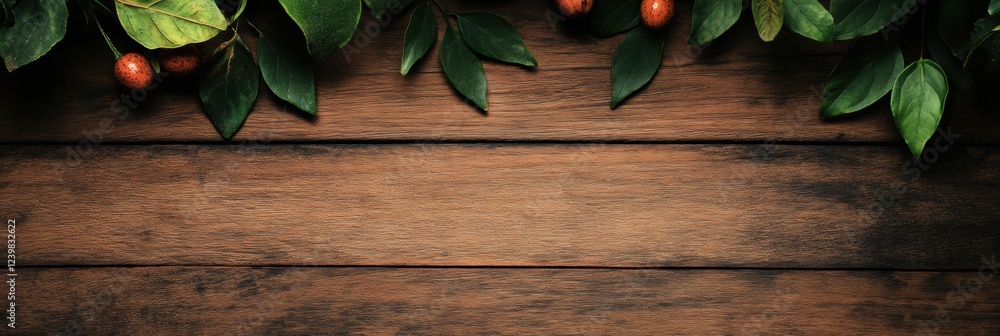 Aufkleber Wooden table adorned with green leaves and small berries creating a rustic natural setting. Generative AI