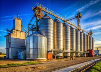 Obraz premium Panoramic View of Grain Elevators Against Blue Sky