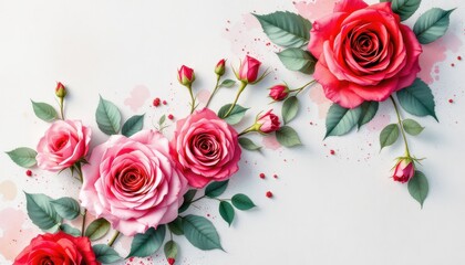 Beautiful pink and red roses with green leaves on white background