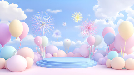 Pastel Dreamland: A whimsical 3D rendered scene featuring a pastel-colored podium surrounded by balloons, fireworks, and fluffy clouds, creating a dreamy and celebratory atmosphere.