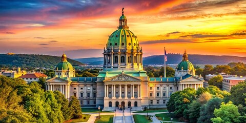 Fototapeta premium Panoramic View of Pennsylvania State Capitol Building Dome at Sunset