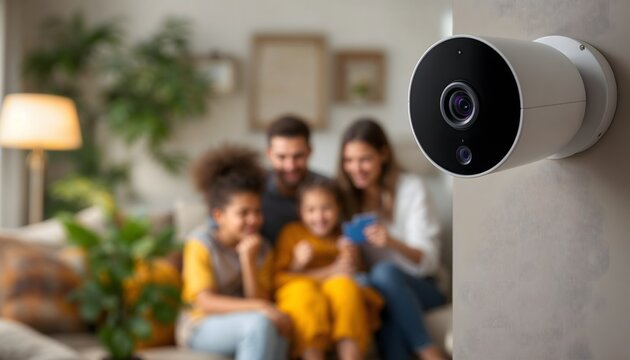 A home security camera focuses on a happy family sitting together, highlighting the importance of safety and family moments.