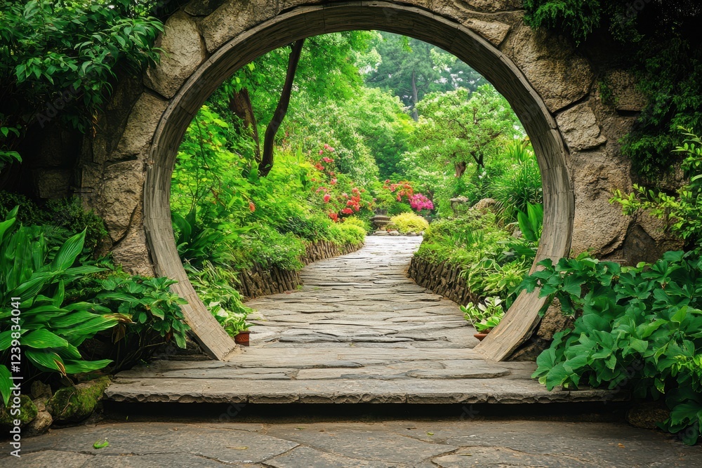 Poster serene garden pathway framed by circular stone arch surrounded by vibrant greenery and colorful flow