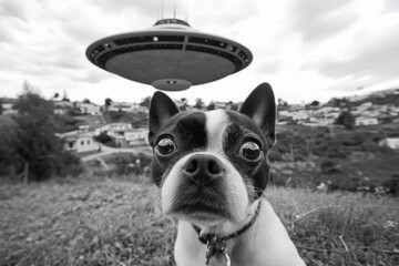 Boston Terrier stares up at a hovering unidentified flying object