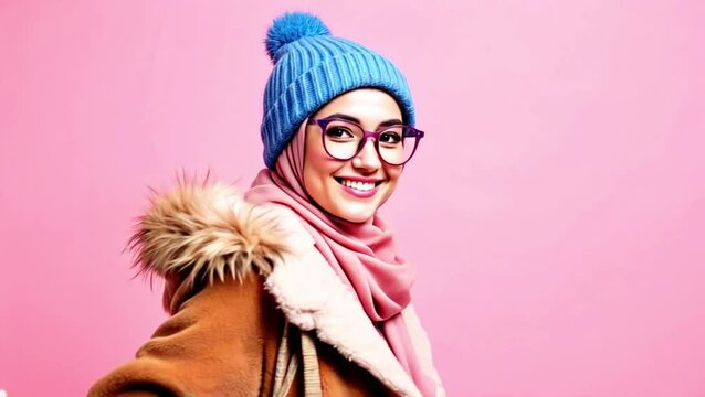 Smiling woman in winter coat and hijab carries shopping bags against pink background.