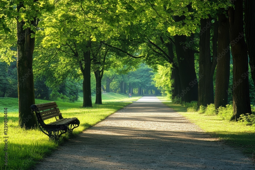Fototapete Serene path lined with trees and a bench in the park during daylight hours. Generative AI