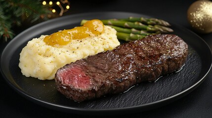 Seared Beef Steak with Mashed Potatoes and Asparagus Dinner Plate Delicious Food Feast Meal.