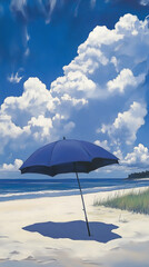 Blue umbrella on sunny beach with clouds