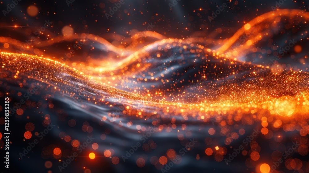 Poster mesmerizing abstract orange and black particle waves in motion