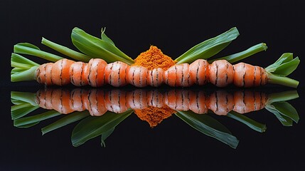 Turmeric and carrots arranged artistically on black reflective surface. Food photography for recipe or health blog