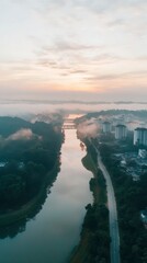 Fototapeta premium Serene Sunrise Aerial River City Fog Misty Landscape
