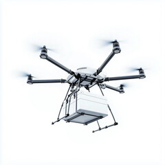 A close-up of a delivery drone flying while carrying a white box.  Isolated on white background.