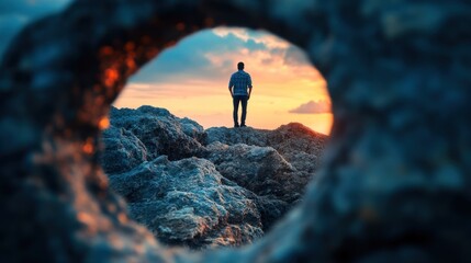Obraz premium Sunset Solitude: A Man Contemplates the Serene Ocean from a Rocky Outcrop