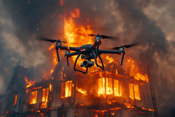 Close-up shot of a one black drone flying against a background of a burning building in the night sky, a drone used for fire, disaster, and accident scene dispatch, rescue, and filming.