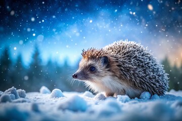 Obraz premium Peaceful Winter Wonderland: Hedgehog's Serene Journey Through Snowy Landscape