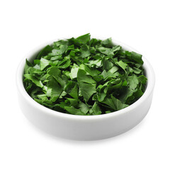 Chopped parsley in bowl isolated on white