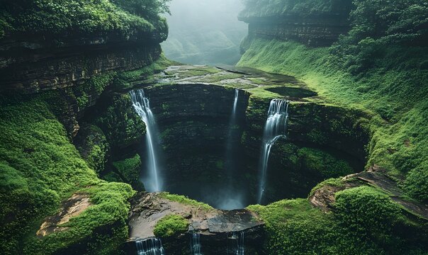 Lush Green Canyon Waterfall Cascading Down Rocky Cliffs