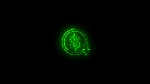 dollar down icon symbol.Dollar price collapse. Dollar price fall.Money reduction icon. Dollar currency price drop concept. circle with down arrow moving animation.