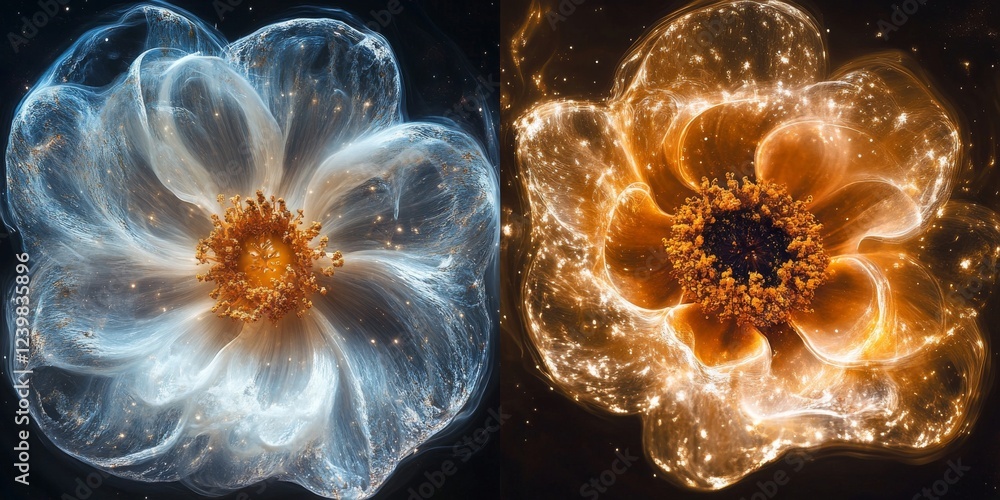 Poster realistic cosmos flower with sparkles in abstract aurora style