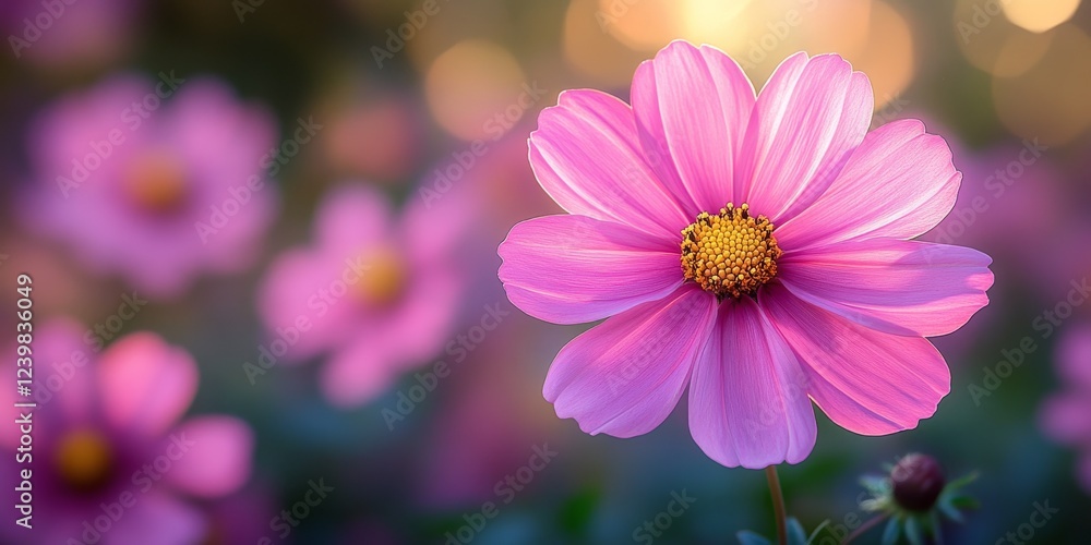 Poster realistic cosmos flower in bloom with soft background bokeh light