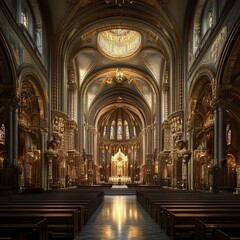 Naklejka premium Golden grandeur of a cathedral nave
