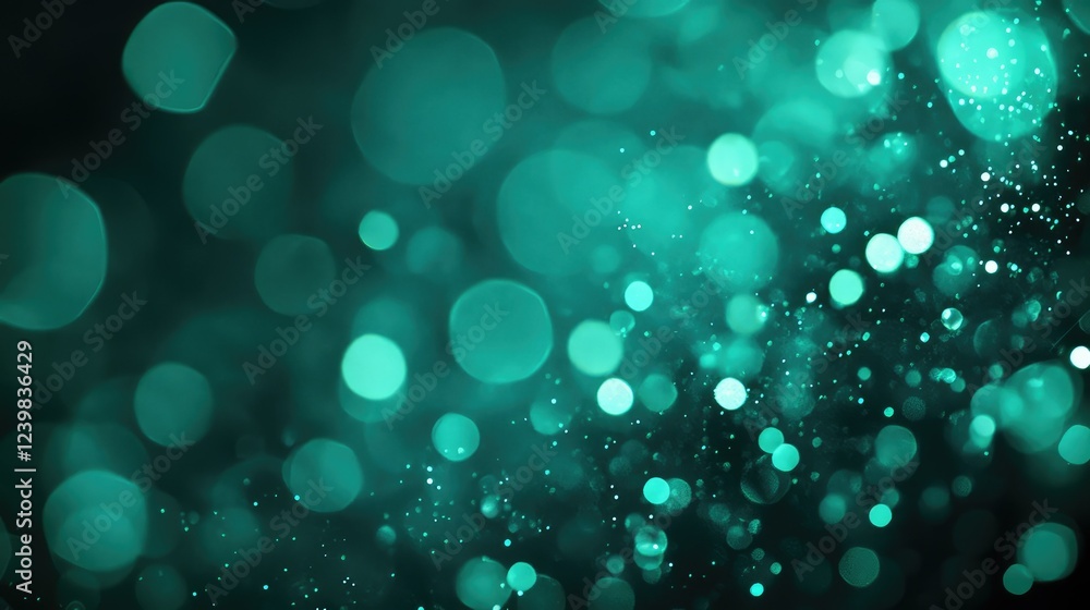 Poster soft turquoise bokeh background with glowing circles and sparkling particles creating a dreamy, tran