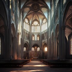 Obraz premium Sunlit Gothic cathedral interior