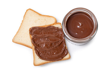 Tasty sandwiches with chocolate butter isolated on white, top view