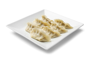 Fresh gyoza dumplings isolated on white. Chinese cuisine