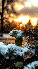 Snowy Holly   Pine Branches at Sunset  Winter Wonderland