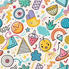  Colorful abstract seamless pattern with doodles, shapes, and whimsical elements.