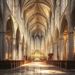 Fototapeta premium Grand cathedral interior, sunlit.