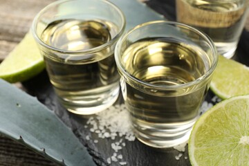 Mexican tequila shots, slices of lime, salt and agave leaves on table, closeup