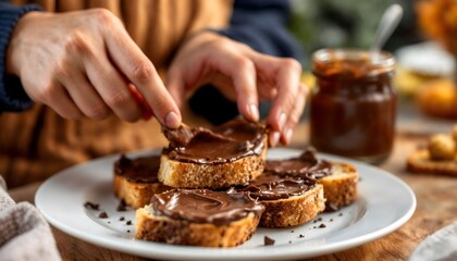 A person spreading chocolate hazelnut spread on a slice of bread, with a jar and chocolate chips nearby, evoking indulgence.