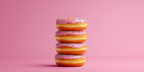 Stack of Pink Donuts: Four delicious pink donuts, topped with sprinkles, are stacked neatly against a solid pink background, creating a vibrant and tempting image. 