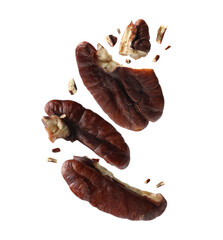 Broken pecan nuts in air on white background