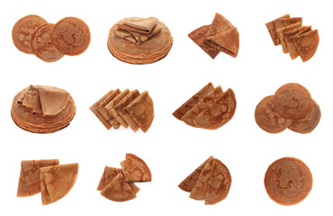 Set of delicious chocolate crepes on white background