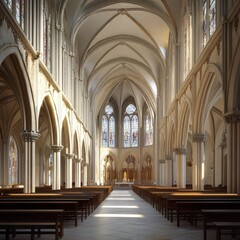 Obraz premium Sunlit Gothic church nave interior