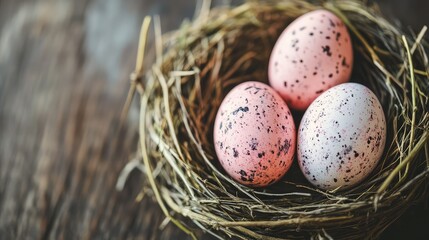Obraz premium Beautifully Decorated Easter Eggs in a Nest Made of Natural Straw on a Rustic Wooden Surface for Spring Celebrations and Seasonal Festivities