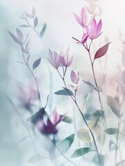 A romantic art piece background with a soft texture, as if painted with watercolor, with pale pastel purple and green flowers and leaves.